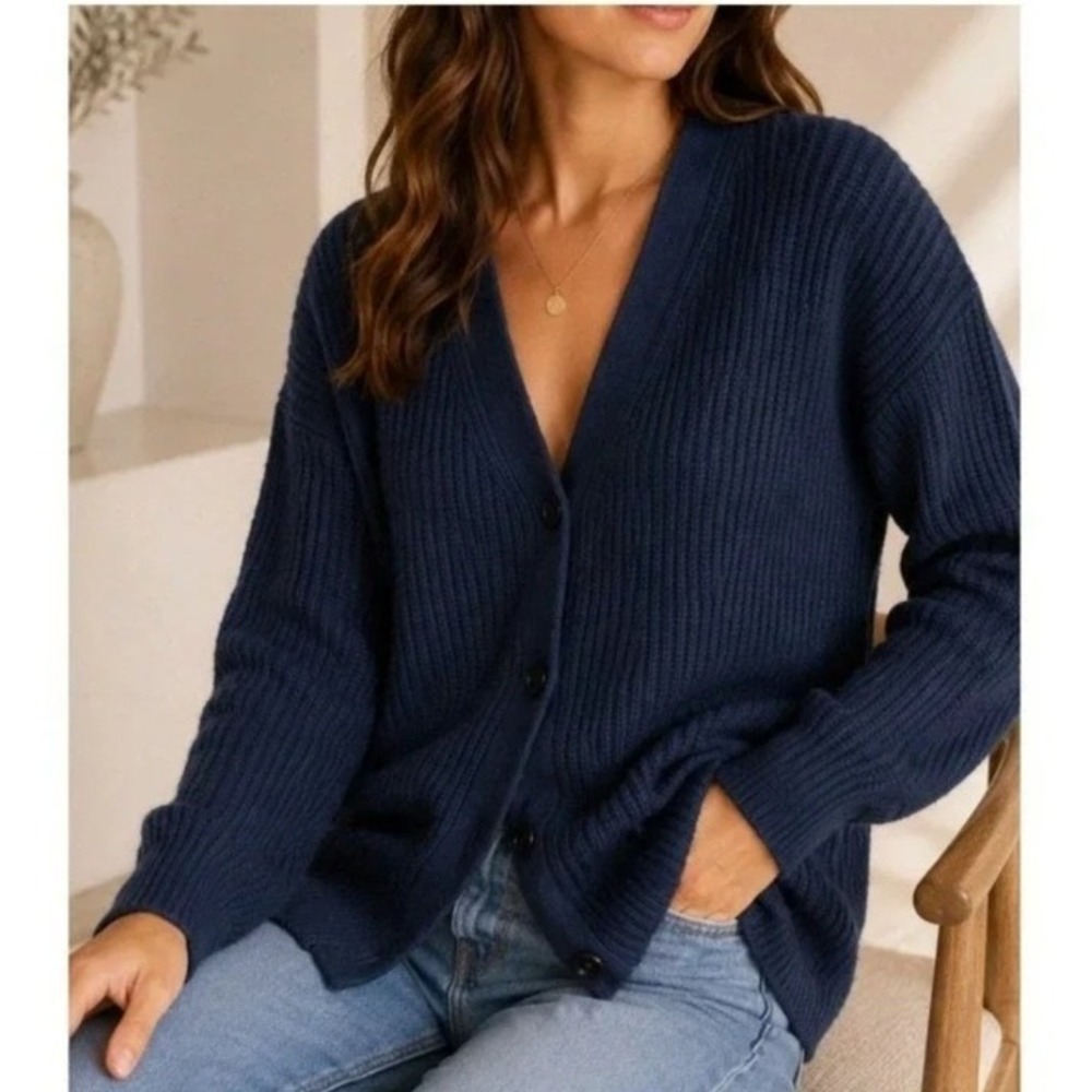 Jenni Kayne Cashmere Cocoon Cardigan XS V-neck Navy Ribbed Oversized Slouchy